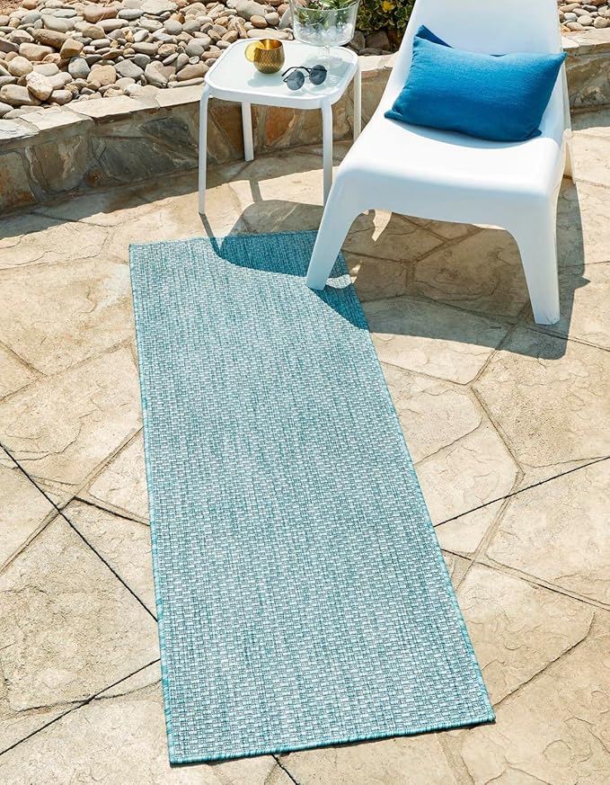 Unique Loom Collection Casual Transitional Solid Heathered Indoor/Outdoor Flatweave Area Rug (2' 7" x 10' Runner, Aquamarine/Ivory) by UniqueLoom