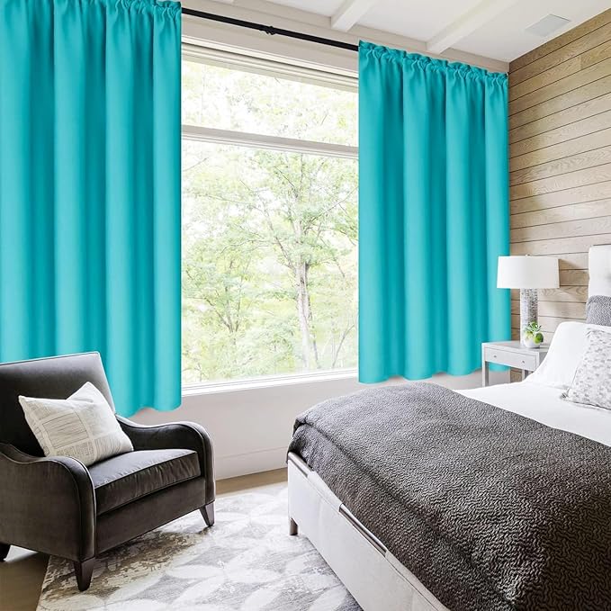DWCN Thermal Short Blackout Curtains for Bedroom/Kitchen, Energy Saving Room Darkening Curtains for Nursery/Bedroom/Kitchen(W60 x L36inch, Turquoise, Set of 2 Panels, Top of Rod Pocket) - Image 2
