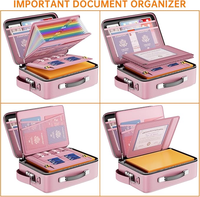 DocSafe Fireproof Document Box with Lock, Hard Case File Organizer with Accordion File Folder, Fireproof Water Resistant Safe Box Home Office Travel Storage for Important Documents Laptop Pink - Image 8