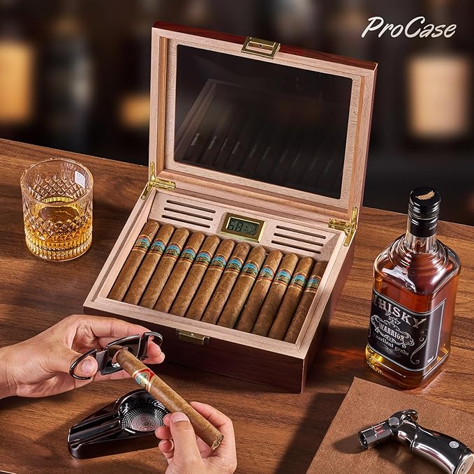 ProCase Wood Cigar Humidor Box, Wooden Desktop Cigar Storage Case, with Humidifier，Cedar Lining, Glass Top, Digital Hygrometer, Gift for Men Dad Boyfriend, Father's Day - Image 2