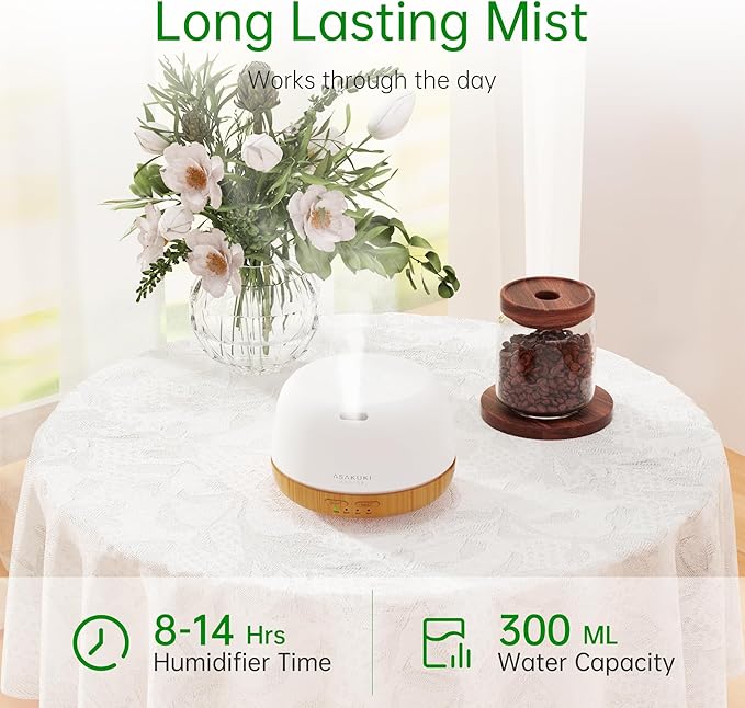 ASAKUKI Essential Oil Diffuser, 300ml Ultrasonic Aromatherapy Oil Humidifier with 7 Colors LED Lights, 2 Mist Mode for Home (Wood Grain) - Image 2