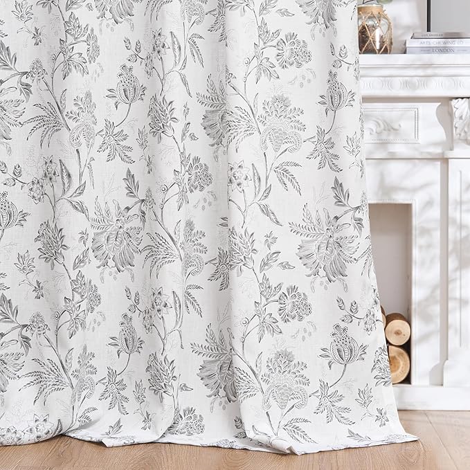 jinchan Linen Floral Curtains for Living Room, 84 Inch Length Curtains with Printed Flower Light Filtering Curtain, Rod Pocket Back Tab Gray Window Curtain Set, 2 Panels Light Grey on White - Image 3
