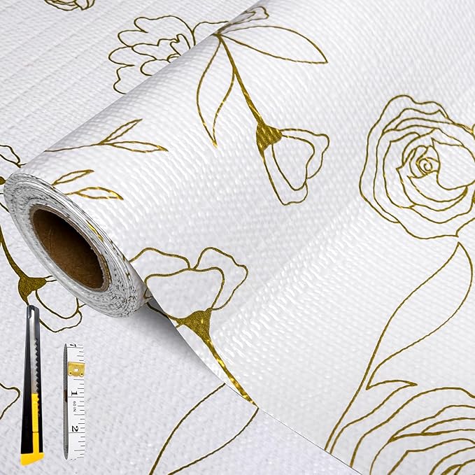 Shelf and Drawer Liner for Kitchen Cabinets Non-Adhesive, Strong Grip Non-Slip Thickened Drawer Liners for Dresser, Cupboard Liner with Knife and Tape Measure, Gold Floral, 12 in x 10 Feet by FreeNook