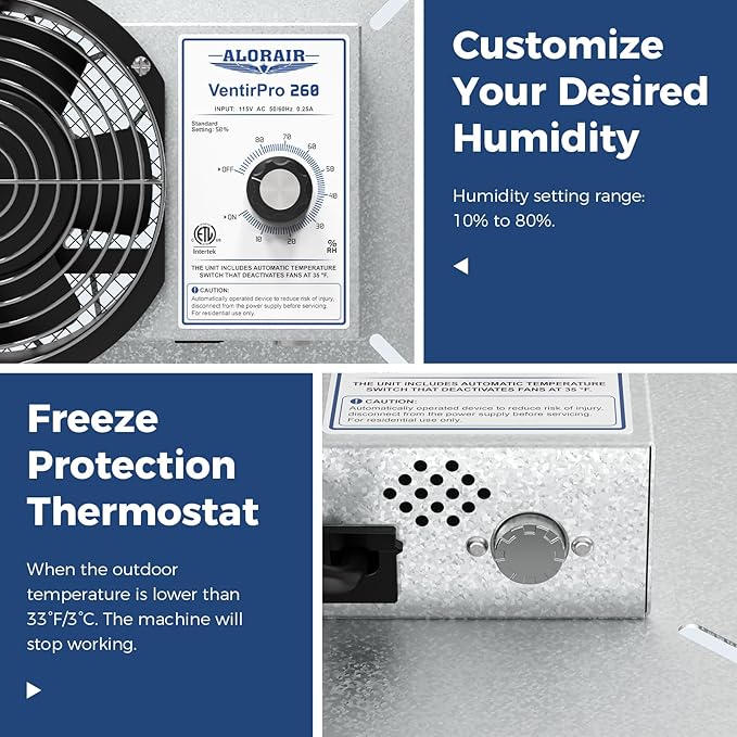 ALORAIR 260CFM Crawl Space Ventilator Fan, 6.7 Inch Basement Vent Fan with Humidistat & Thermostat, IP-55 Rated Isolation Mesh for Crawlspace, Garage, Attic, Exhaust - Image 4