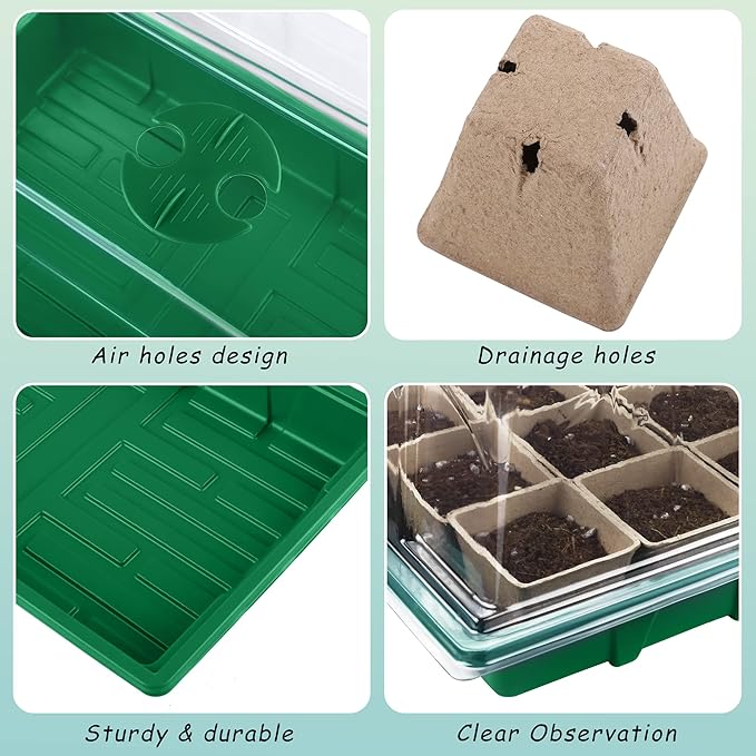 4 Pack Seed Starter Tray Kit, 120 Square Seed Peat Pots for Seedlings with Plants Labels, Planting Tools, Plastic Growing Germination Trays with Lids for Indoor Outdoor Gardening, Green - Image 3