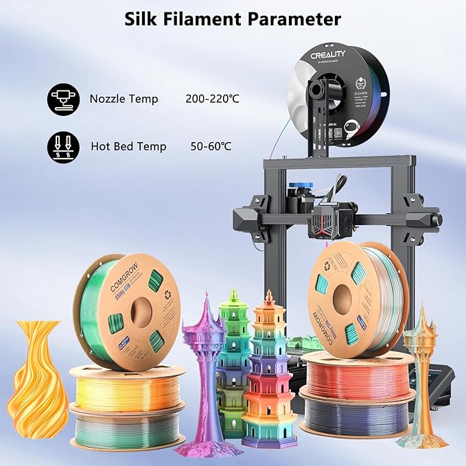 Comgrow Silk Shiny Rainbow Multi-Color 3D Printer Filament, Comgrow 3D Printing Materials Silk PLA 1.75mm, 3D Printing Filament +/-0.02mm, 250g X 4 Spool - Image 6