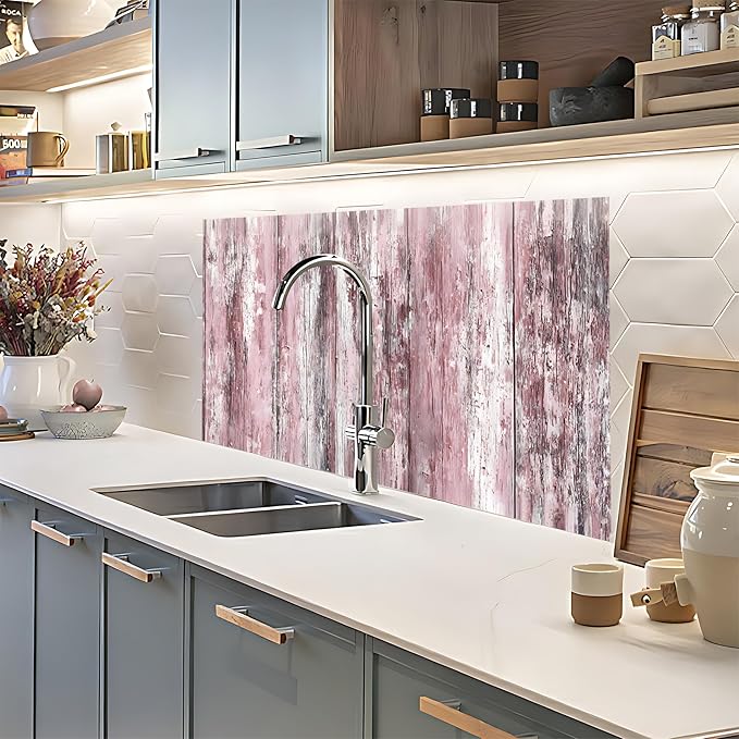 NYZE Kitchen Backsplash Stickers Waterproof Stove Backsplash Protector, 30 X 16 inch Removable Kitchen Wallpaper with Wall Art Decor for Stove Cooking Area(Pink Distressed Wood) - Image 7