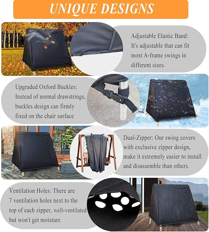 Patio Swing Cover A-Frame Swing Covers Waterproof 3 Seat UV Resistant Weather Protector for Outdoor Courtyard Patio Furniture Black - Image 4