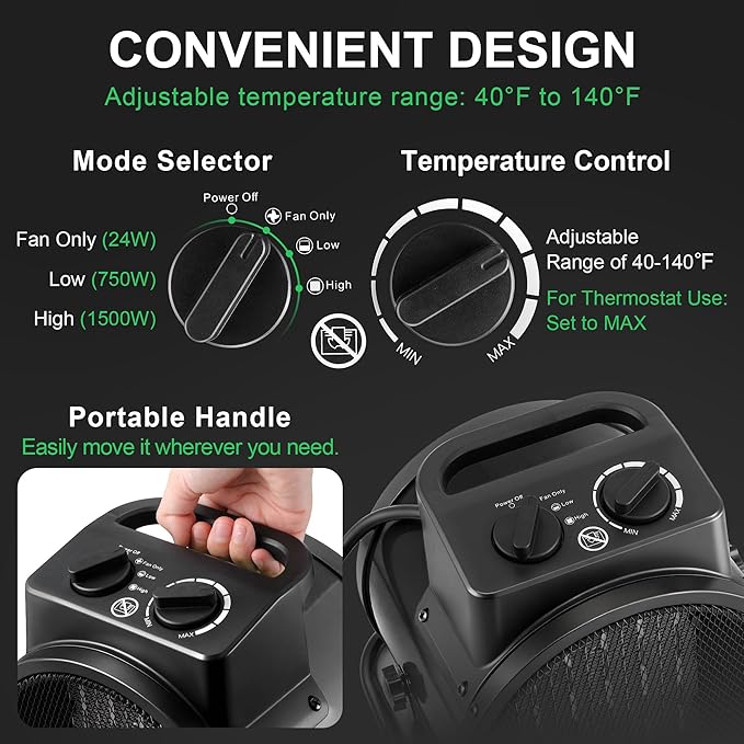 Greenhouse Heater with Thermostat & Hygrometer, 1500W/750W/24W Plant Heater Fan, Adjustable Temperature 40°F-108°F Patio Heaters for Outdoor Use Tents Winter Grow Garage Indoor(Black,2 Pack) - Image 3