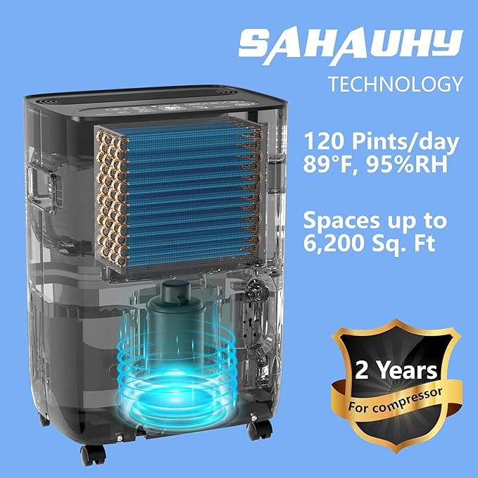 SAHAUHY 120 Pints ENERGY STAR Dehumidifier for Home Bedroom Garage Basement Stockroom and Large Room Spaces up to 6,200 Sq. Ft with Drain Hose and Water Tank - Image 3