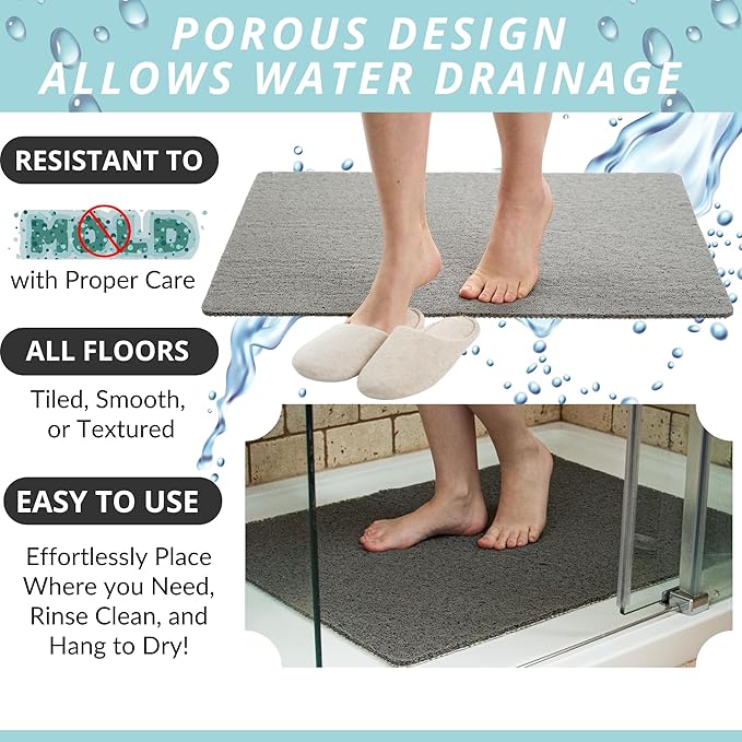 Enkosi Loofah Non-Slip Shower Mat - Shower Floors, Bathtub, Bathrooms, Wet Areas - Cushioned Bath Mat with Drain Holes - Quick Dry PVC, Secure Safety Pad Without Suction Cups (32x24 Grey) - Image 4