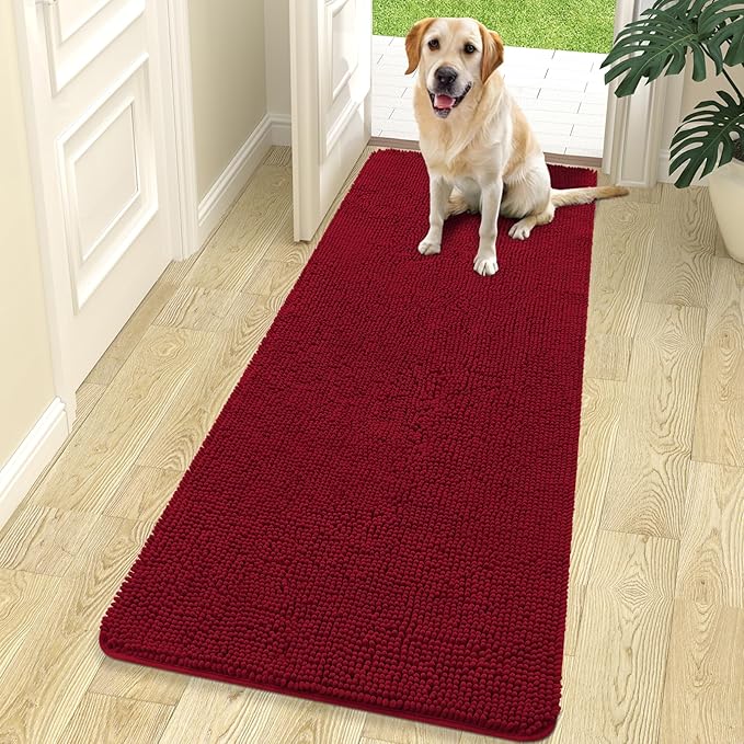 OLANLY Dog Door Mat for Muddy Paws 70x24, Absorbs Moisture and Dirt, Absorbent Non-Slip Washable Doormat, Quick Dry Chenille Mud Mat for Dogs, Entry Indoor Entryway Carpet for Inside Floor, Red by OLANLY