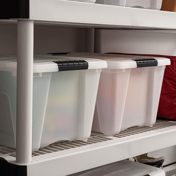 IRIS USA 32 Qt Stackable Plastic Storage Bins with Lids, 4 Pack - BPA-Free, Made in USA - Discreet Organizing Solution, Latches, Durable Nestable Containers, Secure Pull Handle - Pearl - Image 4