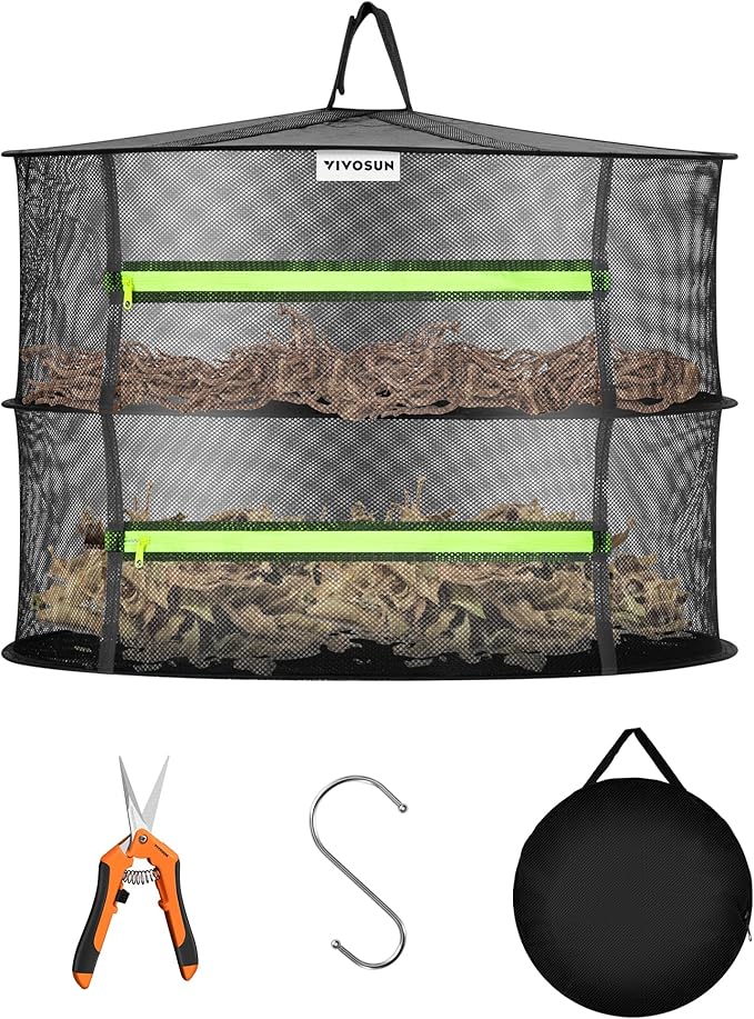 VIVOSUN 2-Layer Mesh Drying Rack Hanging Design with Green Zippers for Dehydrating, Indoor and Outdoor Pruning Shears Included by VIVOSUN