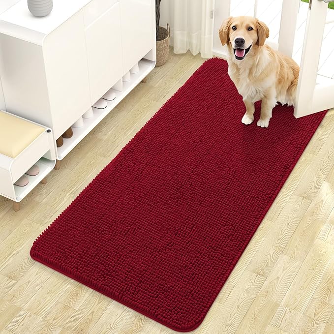 OLANLY Dog Door Mat for Muddy Paws 47x24, Absorbs Moisture and Dirt, Absorbent Non-Slip Washable Doormat, Quick Dry Chenille Mud Mat for Dogs, Entry Indoor Entryway Carpet for Inside Floor, Red by OLANLY