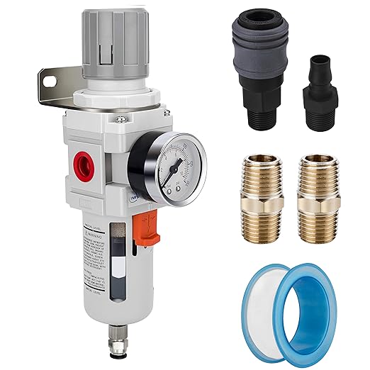 NANPU 1/2" NPT Compressed Air Filter Regulator Combo Piggyback, 5 Micron Brass Element, Poly Bowl, Semi-Auto Drain, Metal Bracket, 0-150 psi Gauge by NANPU