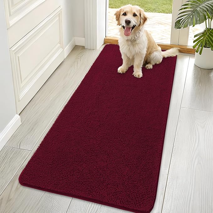 OLANLY Dog Door Mat for Muddy Paws 70x35, Absorbs Moisture and Dirt, Absorbent Non-Slip Washable Doormat, Quick Dry Chenille Mud Mat for Dogs, Entry Indoor Entryway Carpet for Inside Floor, Burgundy by OLANLY