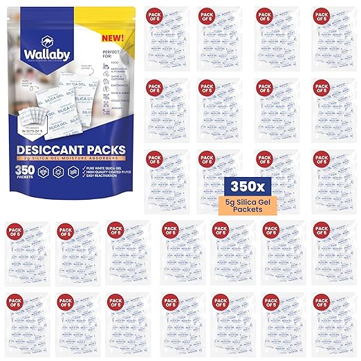 Wallaby 5 gram (350 Packets) Food Safe Pure White Silica Gel Desiccant Dehumidifier Packs - Rechargeable & Coated Moisture Absorbers - Protects Against Moisture Damage - (Packed in 70x Sets of 5) by WallabyGoods