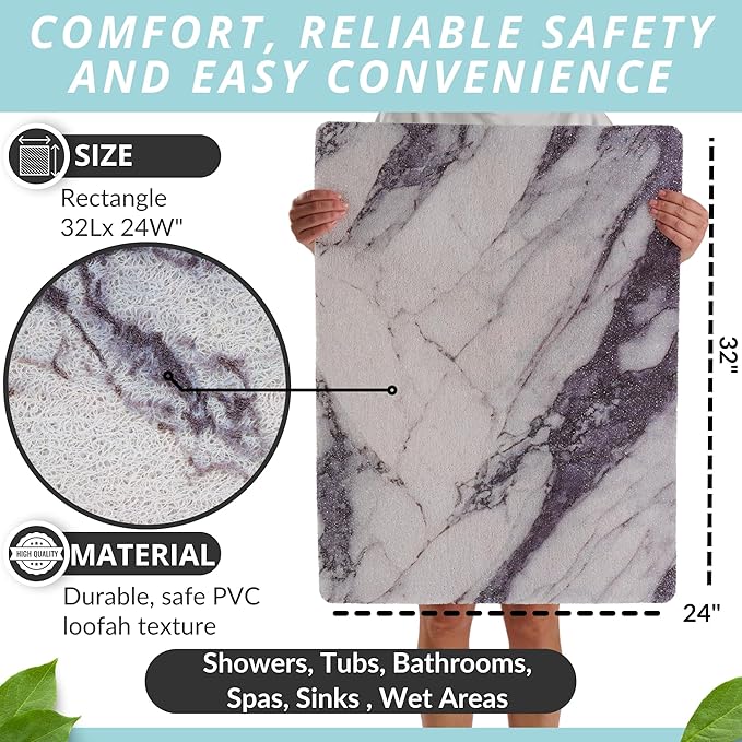 Enkosi Loofah Non-Slip Shower Mat - Shower Floors, Bathtub, Bathrooms, Wet Areas - Cushioned Bath Mat with Drain Holes - Quick Dry PVC, Secure Safety Pad Without Suction Cups (32x24 Marble Grey Blue) - Image 3