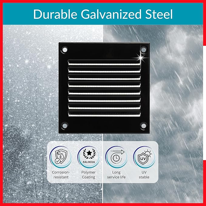 2x2 Vent Cover (Duct Opening) - Black HVAC Return Air Grille for Wall and Ceiling - Metal AC Vent Cover with Mesh - Rectangular Ventilation Register - External Dimensions: 3.94" W x 3.94" H - Image 3