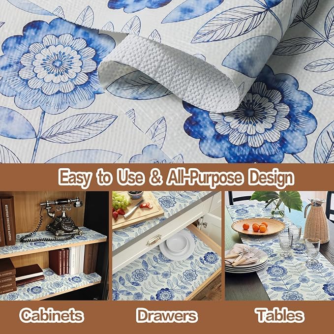 Drawer and Shelf Liner for Kitchen Cabinets Non-Adhesive Strong Grip Floral Shelf Liner Non-Slip Waterproof Blue Flower Drawer Liner for Cupboard Shelves Easy to Clean Cabinet Liner 12IN×10FT - Image 2