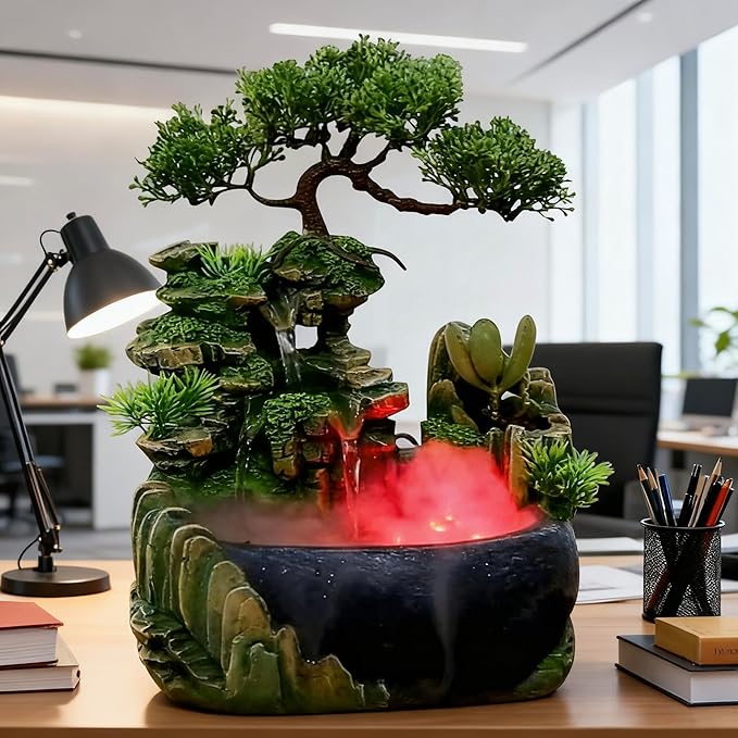 Tabletop Rockery Fountain Indoor Waterfall Bonsai Desktop Mini Rockery Water Fountain with Automatic Pump and LED Light, Home Office Bedroom Humidifier Desk Decorate (Style 1) - Image 8