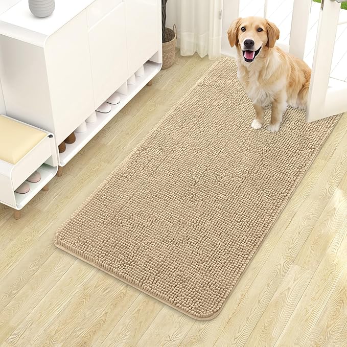 OLANLY Dog Door Mat for Muddy Paws 40x24, Absorbs Moisture and Dirt, Absorbent Non-Slip Washable Doormat, Quick Dry Chenille Mud Mat for Dogs, Entry Indoor Entryway Carpet for Inside Floor, Beige by OLANLY