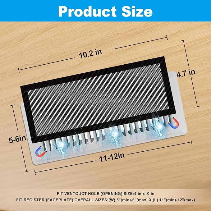 6-Pack Black Magnetic Vent Covers 4.7x10.2 Inch - Universal Fit for Floor, Wall & Ceiling Registers (5"-6" Width x 10"-12"Length) | High Airflow Mesh Design | Tool-Free Easy Installation - Image 2
