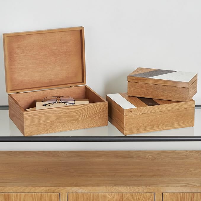 Deco 79 Wooden Geometric Decorative Box Decorative Keepsake Boxes with Cream and Dark Brown Stripes, Set of 3 Storage Boxes 14", 12", 10"W, Brown - Image 5
