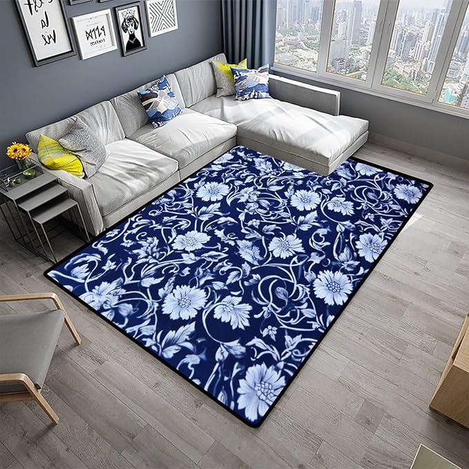 White Flowers on Blue Background Runner Rug: Design Printing with Anti-Slip Backing - Stain Resistant, Washable Accent Rug for Living Room/Bedroom - Non-Shedding Floor Carpet, 36 x 60 Inch - Image 2
