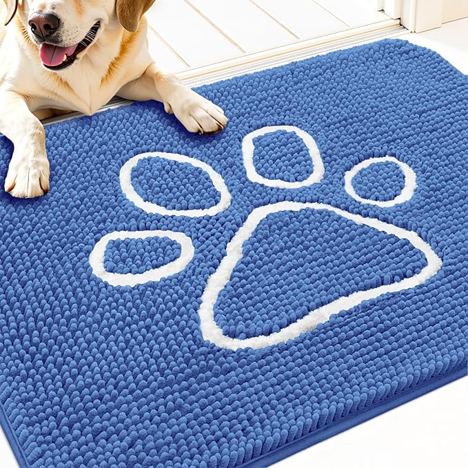 OLANLY Dog Door Mat for Muddy Paws 30x20, Paw Print Design, Absorbs Moisture and Dirt, Absorbent Non-Slip Washable Doormat, Quick Dry Chenille Mud Mat, Entry Indoor Entryway Carpet, Cornflower Blue by OLANLY