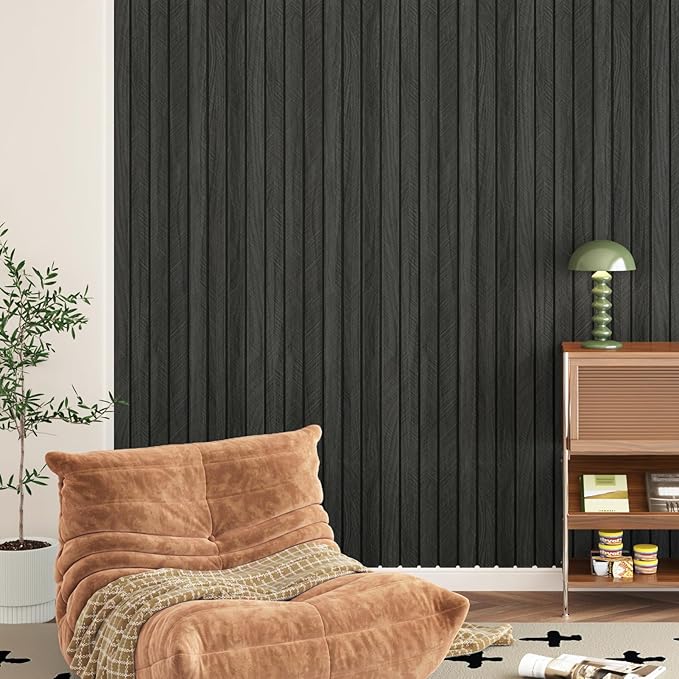 Grey/Black 3D Wood Panels for Wall Decor 200"x12" Peel and Stick Faux Wood Wall Panel Self Adhesive Soundproof Wooden Slats Paneling Wallpaper for Living Room Bedroom Office Work Shop - Image 2