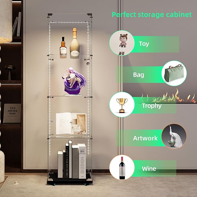 Yoluckea 4-Tier Glass Display Cabinet with Bluetooth LED Light Strip, 1-Door Floor Standing Curio Cabinet with Universal Wheel for Home Office Display, Black Glass Bookshelf for Collections, Clear Top - Image 3