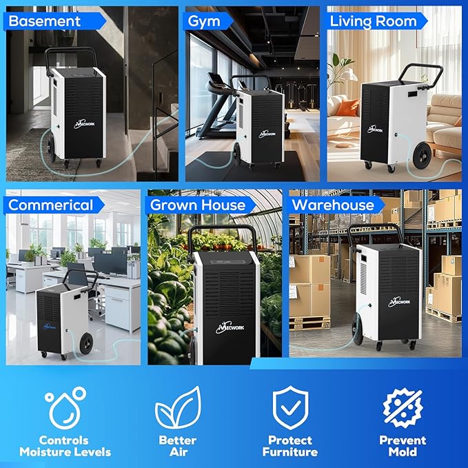 170 Pints Commercial Dehumidifier with Pump and Drain Hose, Quiet Dehumidifiers for Basement, Dehumidifier Water Damage Restoration up to 8,600 sq ft, Auto Defrost(1PCS) - Image 6