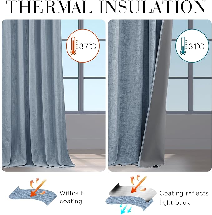 RYB HOME Smoky Blue 100% Blackout Curtains for Bedroom 102 inch Long 52 inch Wide, Linen Blackout Curtains Privacy Protection& Thermal Insulated for Sliding Door/Living Room, 2 Panels - Image 5