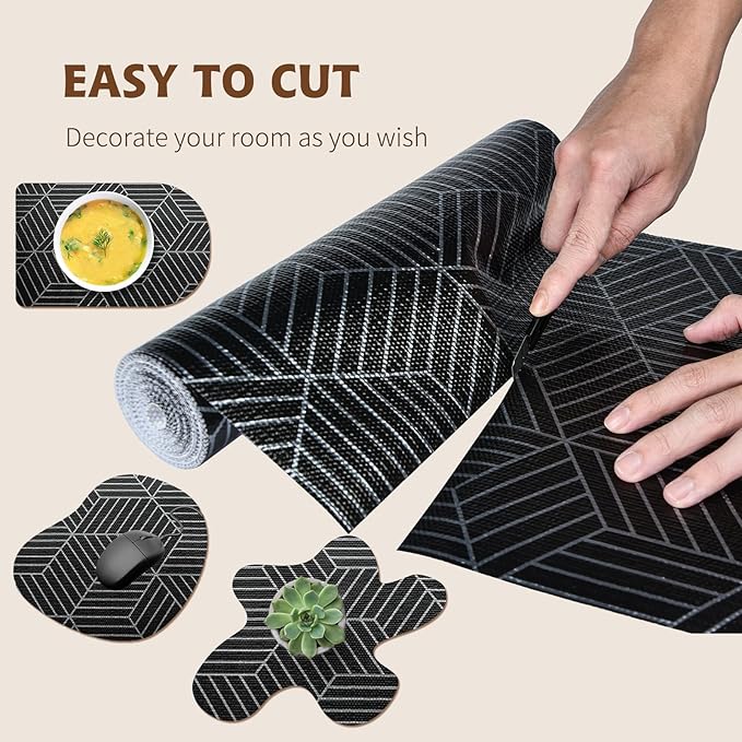 Shelf Liners for Kitchen Cabinets 12in x 20FT, Non Adhesive Cabinet Liner Strong Non-Slip Black and Silver Geometric Drawer Liner, Easy to Clean for Shelf, Cabinet with Knife and Tape Measure - Image 7