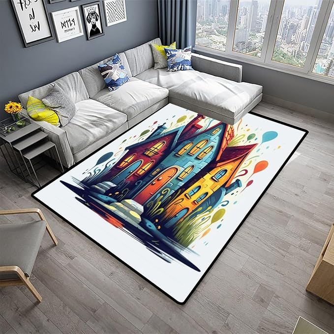 Shag Carpet, Strange House Pattern Printing Reversible Area Rugs Fade Resistant, Flame Resistant, Quick Dry, Stain Resistant, Waterproo Floor Carpet for Living Room Bedroom, 72 x 108 Inch - Image 2