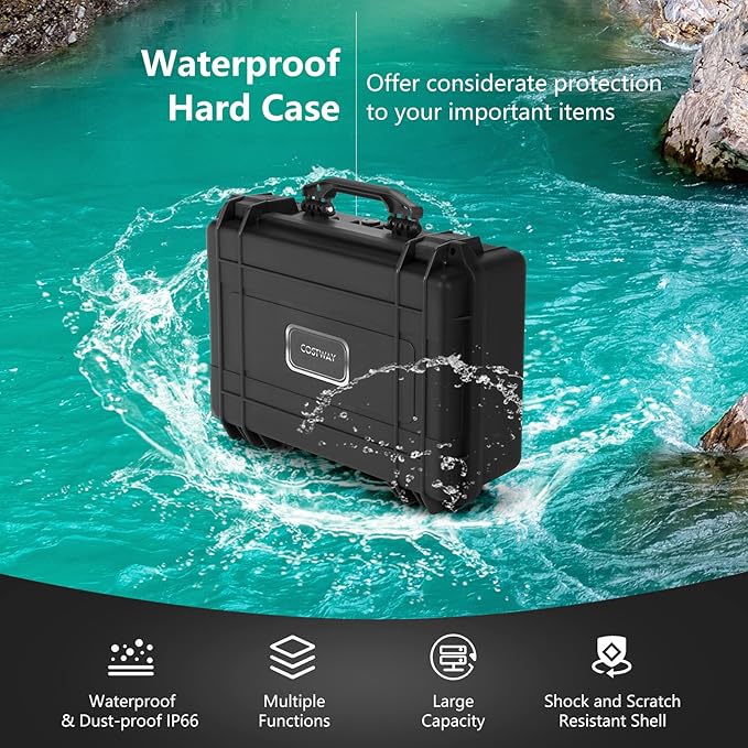 COSTWAY Waterproof Hard Case, 18.5-Inch Multi-Purpose Small Camera Dry Box with DIY Customizable Foam Insert, IP66 Rated Dustproof Shockproof, Portable Protective Case for Electronics, Drones, Black - Image 6