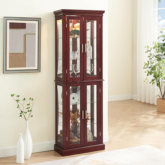 Lighted Wooden Display Curio Cabinet,Cabinet with Tempered Glass Door & 6 Shelves,Vintage 3 Side Glass Display Curio Cabinet,Bar and Liquor Storage Area,Glass Bookshelf,E26 light bulb Unincluded by Unknown