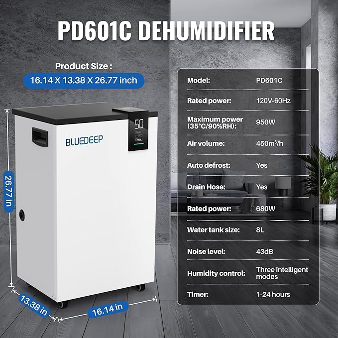 BLUEDEEP 190 Pints Commercial Dehumidifier with 6.56ft Drain Hose and 1.75 Gallon Water Reservoir, Water Damage Restoration Dehumidifier, for Basements, Industrial or Commercial Spaces and Job Sites - Image 3