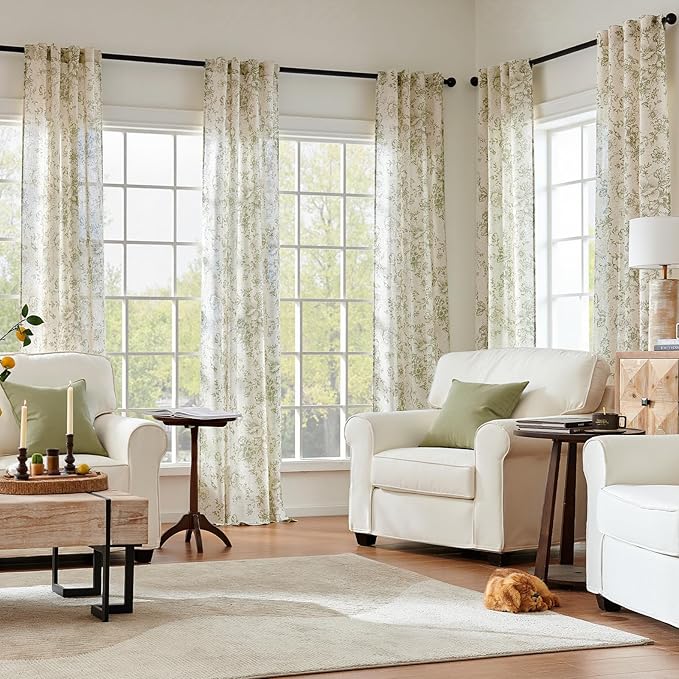 jinchan Linen Floral Curtains 96 Inch Length for Living Room Bedroom Light Filtering Farmhouse Peony Flower Drapes Rustic Window Curtain Set Rod Pocket Back Tab 2 Panels Green - Image 2