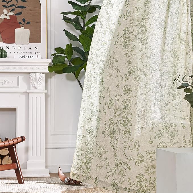 jinchan Linen Blend Floral Curtains for Living Room 90 Inch Length Farmhouse Printed Curtain Rod Pocket Back Tab Sage Green Peony Flower Patterned Drapes Bedroom Curtains Set 2 Panels - Image 6