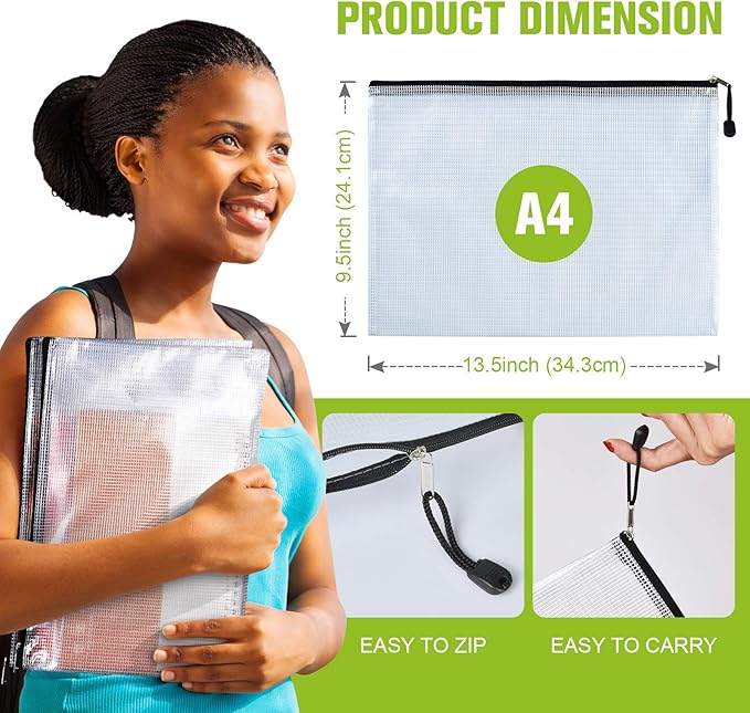 Mesh Zipper Pouch, 6PCS Waterproof Plastic Mesh ZipperBag, A4 Size Tear-Resistant Document Pouch, Extra Large Zip File Bags, for School Office Supplies Home Travel Storage(13.5×9.5 Inch) - Image 2
