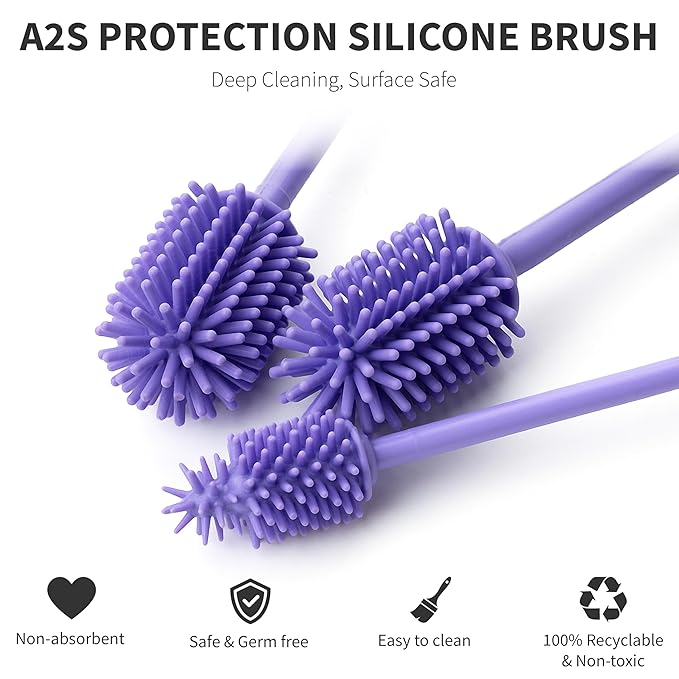 A-Brush Silicone Bottle Cleaner Brush, 3 Piece Set, Long Handle - Water Bottle Cleaner, Baby Bottle Nipple Brush for Plastic & Glass, BPA-Free Dish Washing Brush A2S Protection - Image 4