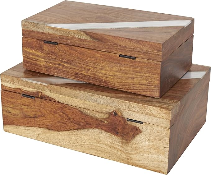 Deco 79 Mango Wood Decorative Box Decorative Keepsake Boxes with Silver Diagonal Stripes, Set of 2 Storage Boxes, Brown - Image 3
