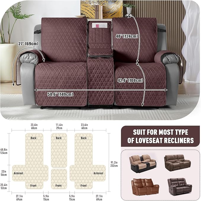 TAOCOCO 100% Waterproof Loveseat Recliner Couch Sofa Covers with Console,Double Reclining Couch Cover Non-Slip Sofa Slipcovers Washable,Furniture Protector Covers for Kids,Pets(2 Seater,Coffee) - Image 3