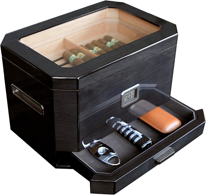 CASE Elegance Large Octodor Black Cedar Humidor with Digital Hygrometer, Humidification System and Accessory Drawer - Can Hold (50-100 Cigars) by CASEELEGANCE
