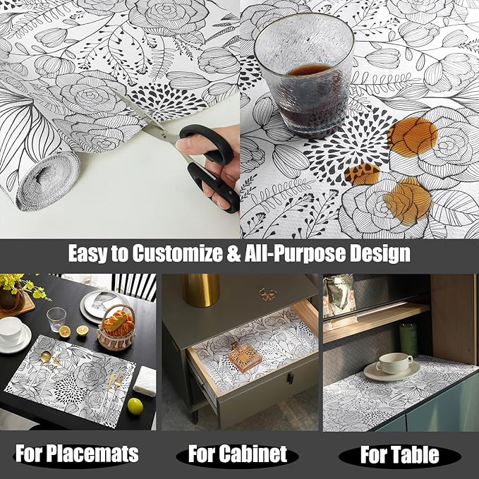Floral Drawer and Shelf Liner for Kitchen 16IN x 10FT, Non-Adhesive and Strong Non-Slip Cabinet Drawer Liners, Waterproof Thickened Shelf Liner,Easy to Clean,Black and White - Image 5