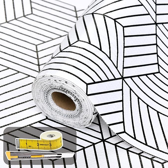 Shelf Liners for Kitchen Cabinets Non Adhesive Shelf Liner Paper Non-Slip Thickened Drawer Liner Easy to Clean for Tool Box Refrigerator with Knife and Tape Measure, Black Geometric, 17.3 x 236.2 in by Oneoftheworld