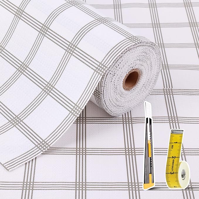 Drawer and Shelf Liner for Kitchen Cabinet: 23.6 in X 30 Ft Non Slip Waterproof Shelf Paper Non Adhesive Refrigerator Liners White Square Easy Liners for Bathroom Cupboard with Knife Tape Measure by Kimhan